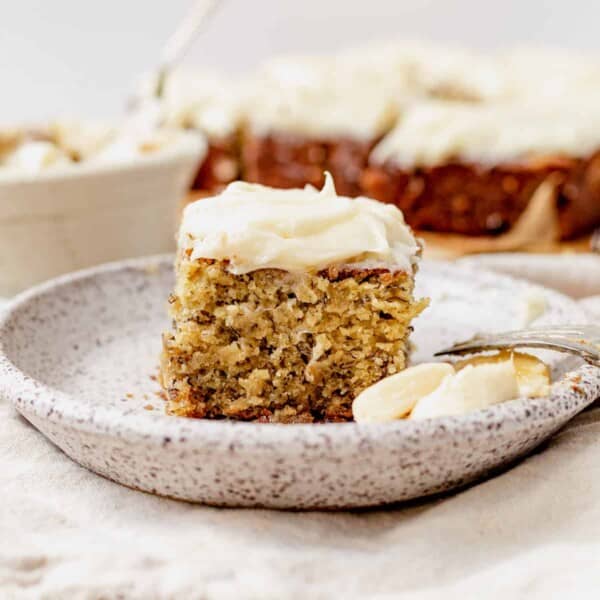 a piece of gluten free banana cake on a plate